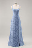 Dusty Blue Floral Lace Spaghetti Straps A Line Maxi Bridesmaid Dress with Slit