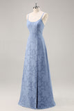 Dusty Blue Floral Lace Spaghetti Straps A Line Maxi Bridesmaid Dress with Slit