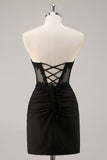 Black Corset Bodycon Ruched Satin Short Prom Dress with Lace