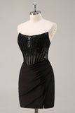 Black Corset Bodycon Ruched Satin Short Prom Dress with Lace