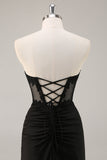 Black Corset Bodycon Ruched Satin Short Prom Dress with Lace