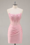 Pink Bodycon Strapless Corset Short Prom Dress