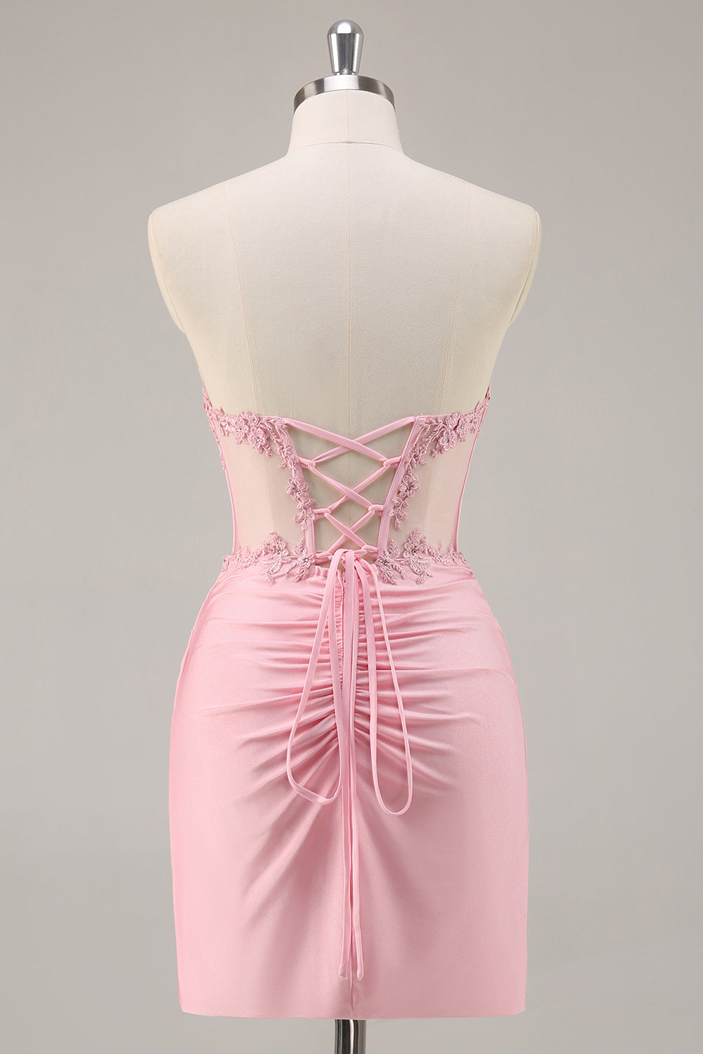 Leely Women Pink Corset Short Satin Prom Dress with Lace Bodycon