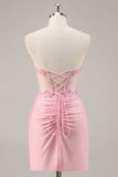 Pink Bodycon Strapless Corset Short Prom Dress