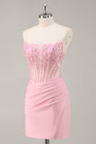 Pink Bodycon Strapless Corset Short Prom Dress