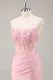 Pink Bodycon Strapless Corset Short Prom Dress