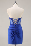 Royal Blue Corset Satin Mini Prom Dress with Lace