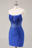 Royal Blue Corset Satin Mini Prom Dress with Lace