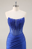 Royal Blue Corset Satin Mini Prom Dress with Lace