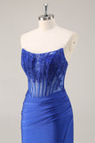 Royal Blue Corset Satin Mini Prom Dress with Lace