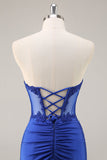 Royal Blue Corset Satin Mini Prom Dress with Lace