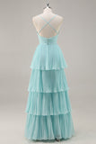 Chiffon A Line Green Tiered Maxi Pleated Prom Dress
