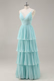 Chiffon A Line Green Tiered Maxi Pleated Prom Dress