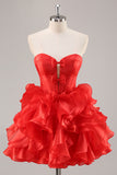 Ruffled Red Organza Corset Short Prom Dress with Bows