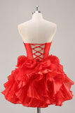 Ruffled Red Organza Corset Short Prom Dress with Bows