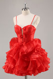Ruffled Red Organza Corset Short Prom Dress with Bows