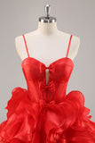 Ruffled Red Organza Corset Short Prom Dress with Bows