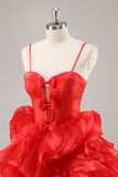 Ruffled Red Organza Corset Short Prom Dress with Bows