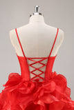Ruffled Red Organza Corset Short Prom Dress with Bows