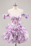 Purple Floral Cold Shoulder Ruffled Chiffon Corset Short Prom Dress