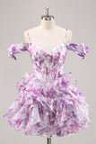 Purple Floral Cold Shoulder Ruffled Chiffon Corset Short Prom Dress