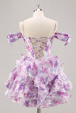 Purple Floral Cold Shoulder Ruffled Chiffon Corset Short Prom Dress