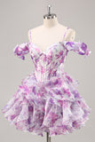 Purple Floral Cold Shoulder Ruffled Chiffon Corset Short Prom Dress
