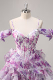 Purple Floral Cold Shoulder Ruffled Chiffon Corset Short Prom Dress