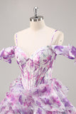 Purple Floral Cold Shoulder Ruffled Chiffon Corset Short Prom Dress