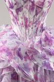 Purple Floral Cold Shoulder Ruffled Chiffon Corset Short Prom Dress