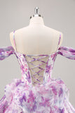 Purple Floral Cold Shoulder Ruffled Chiffon Corset Short Prom Dress