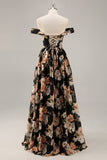 Sparkly Black Floral A Line Maxi Bridesmaid Dress with Beading