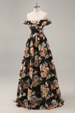 Sparkly Black Floral A Line Maxi Bridesmaid Dress with Beading