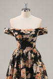 Sparkly Black Floral A Line Maxi Bridesmaid Dress with Beading