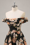 Sparkly Black Floral A Line Maxi Bridesmaid Dress with Beading