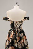 Sparkly Black Floral A Line Maxi Bridesmaid Dress with Beading