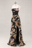 Mermaid Black Floral Corset Beaded Maxi Bridesmaid Dress with Slit
