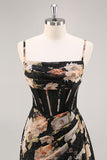 Mermaid Black Floral Corset Beaded Maxi Bridesmaid Dress with Slit