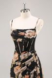 Mermaid Black Floral Corset Beaded Maxi Bridesmaid Dress with Slit