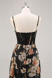 Mermaid Black Floral Corset Beaded Maxi Bridesmaid Dress with Slit