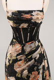 Mermaid Black Floral Corset Beaded Maxi Bridesmaid Dress with Slit