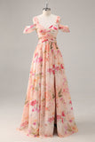 Pink Floral Cold Shoulder Chiffon A Line Maxi Bridesmaid Dress with Slit
