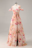 Pink Floral Cold Shoulder Chiffon A Line Maxi Bridesmaid Dress with Slit