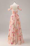 Pink Floral Cold Shoulder Chiffon A Line Maxi Bridesmaid Dress with Slit