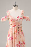 Pink Floral Cold Shoulder Chiffon A Line Maxi Bridesmaid Dress with Slit