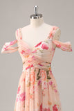 Pink Floral Cold Shoulder Chiffon A Line Maxi Bridesmaid Dress with Slit