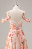 Pink Floral Cold Shoulder Chiffon A Line Maxi Bridesmaid Dress with Slit