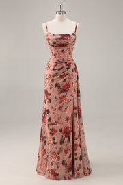 Maxi Dusty Rose Corset Chiffon Floral Ruched Bridesmaid Dress with Slit
