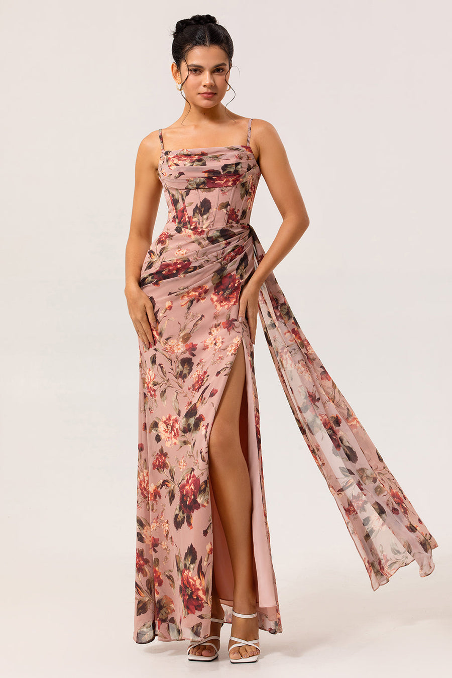 Leely Women Dusty Rose Corset Chiffon Long Bridesmaid Dress with Slit Sheath Ruched Floral Spaghetti Straps Wedding Guest Dress with Cape