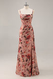 Maxi Dusty Rose Corset Chiffon Floral Ruched Bridesmaid Dress with Slit